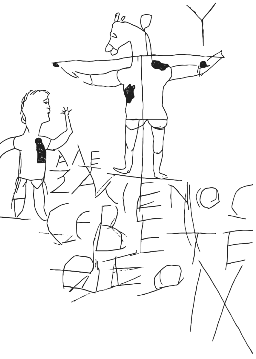 A hand-drawn rendering of the Alexamenos Graffito